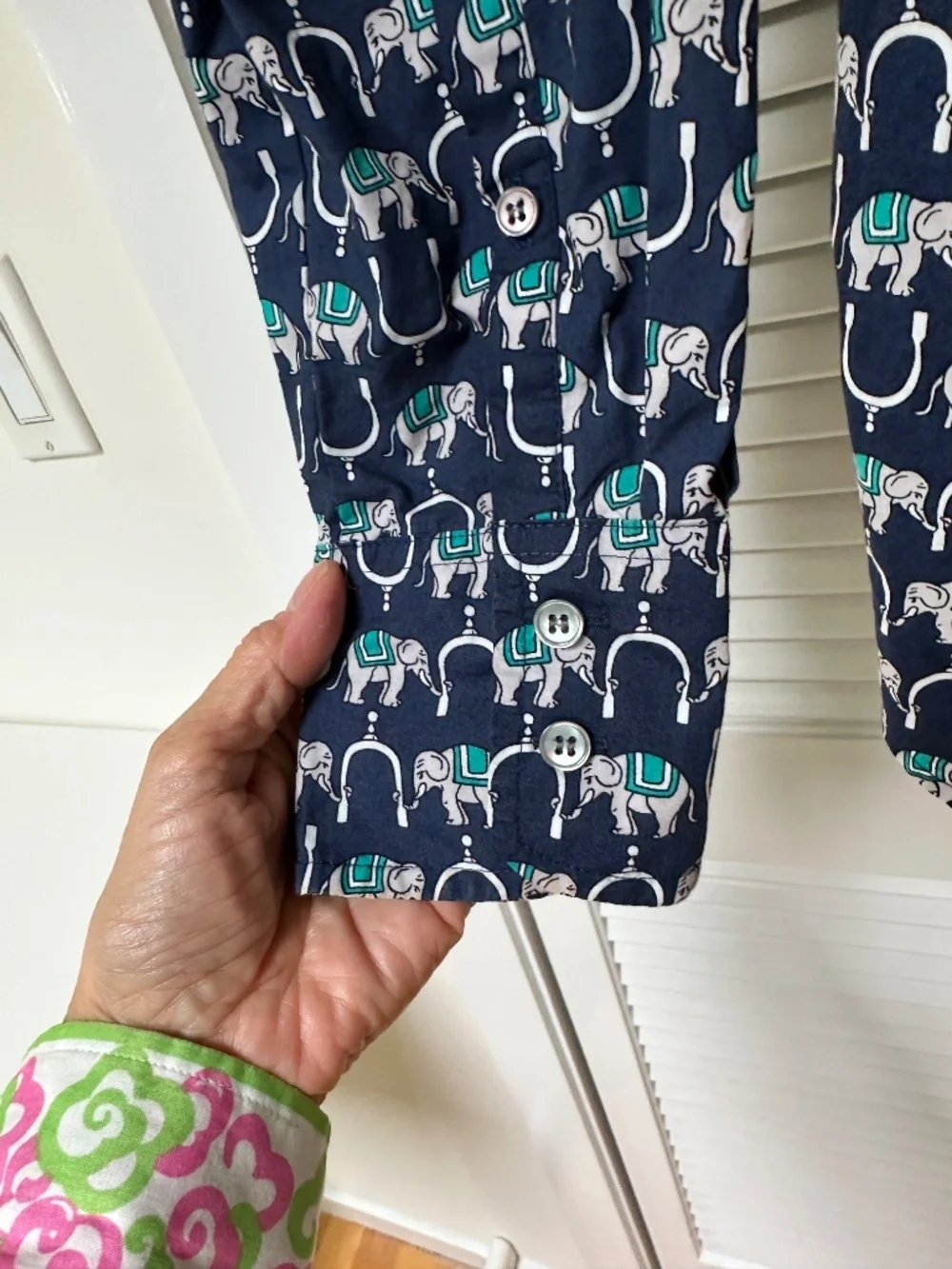 J. Crew Perfect Button Down Cotton Blouse Blue Teal White Elephants Print Small